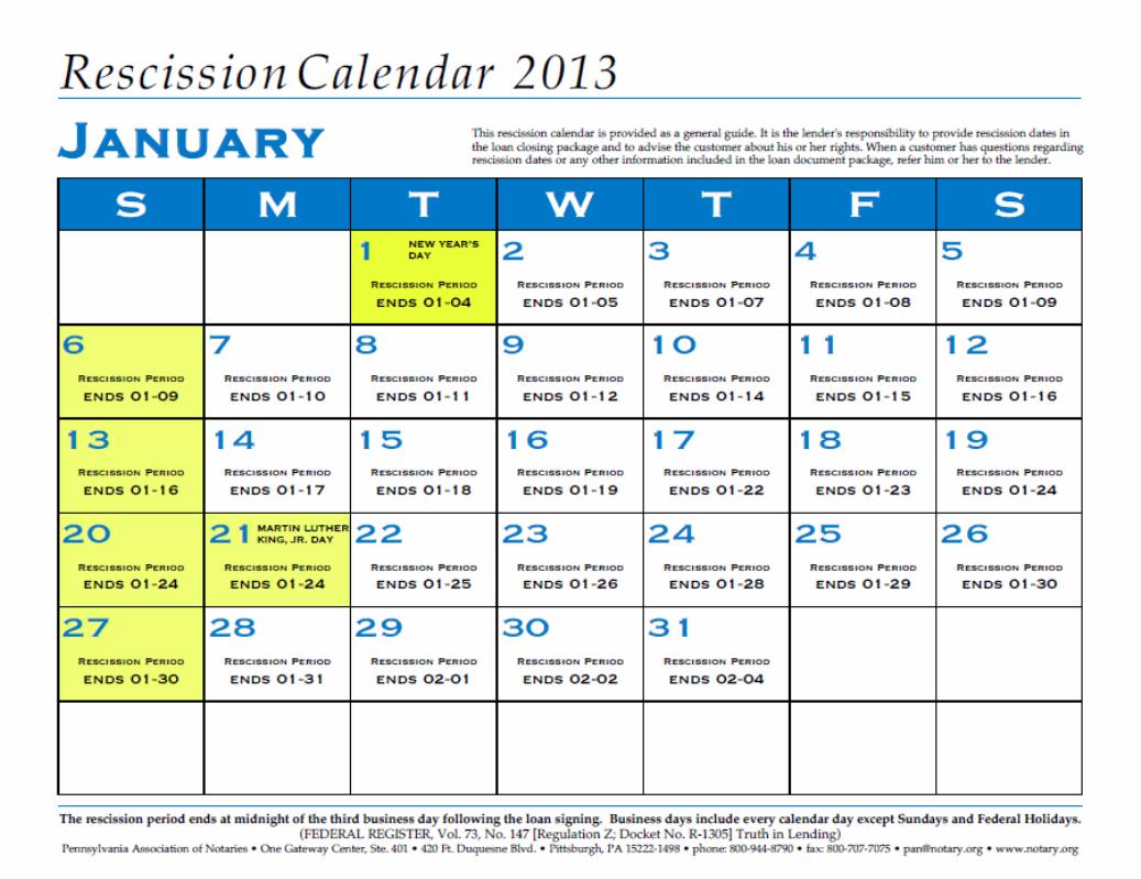 Rescission Calendar Exam Calendar